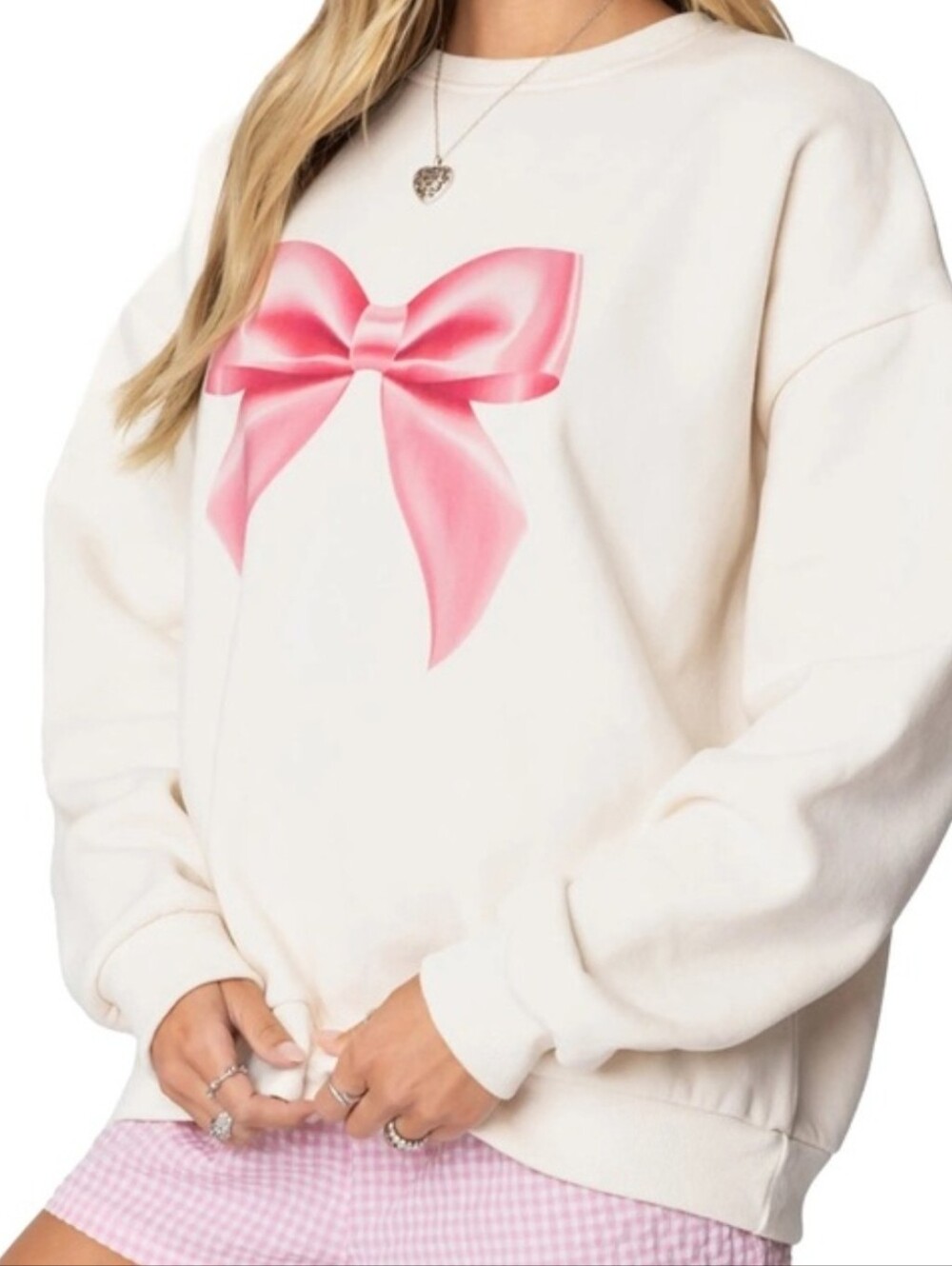 Ivory Sweatshirt with Pink Bow Graphic